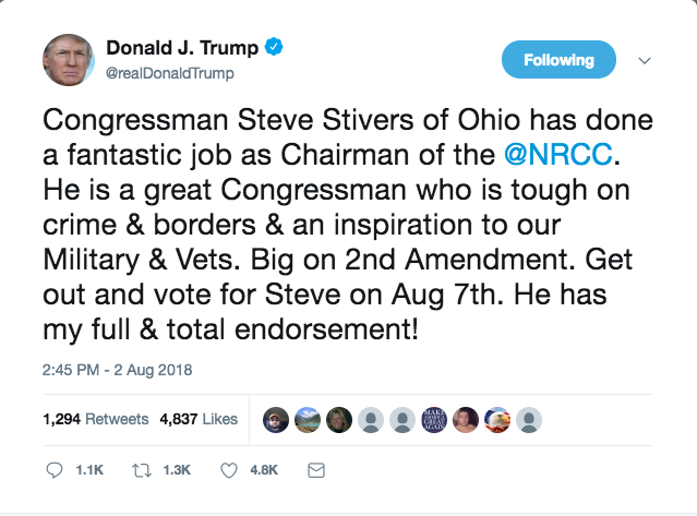 President Trump deleted a tweet endorsing Rep. Steve Stivers, R-Ohio, who is not running for reelection this year.